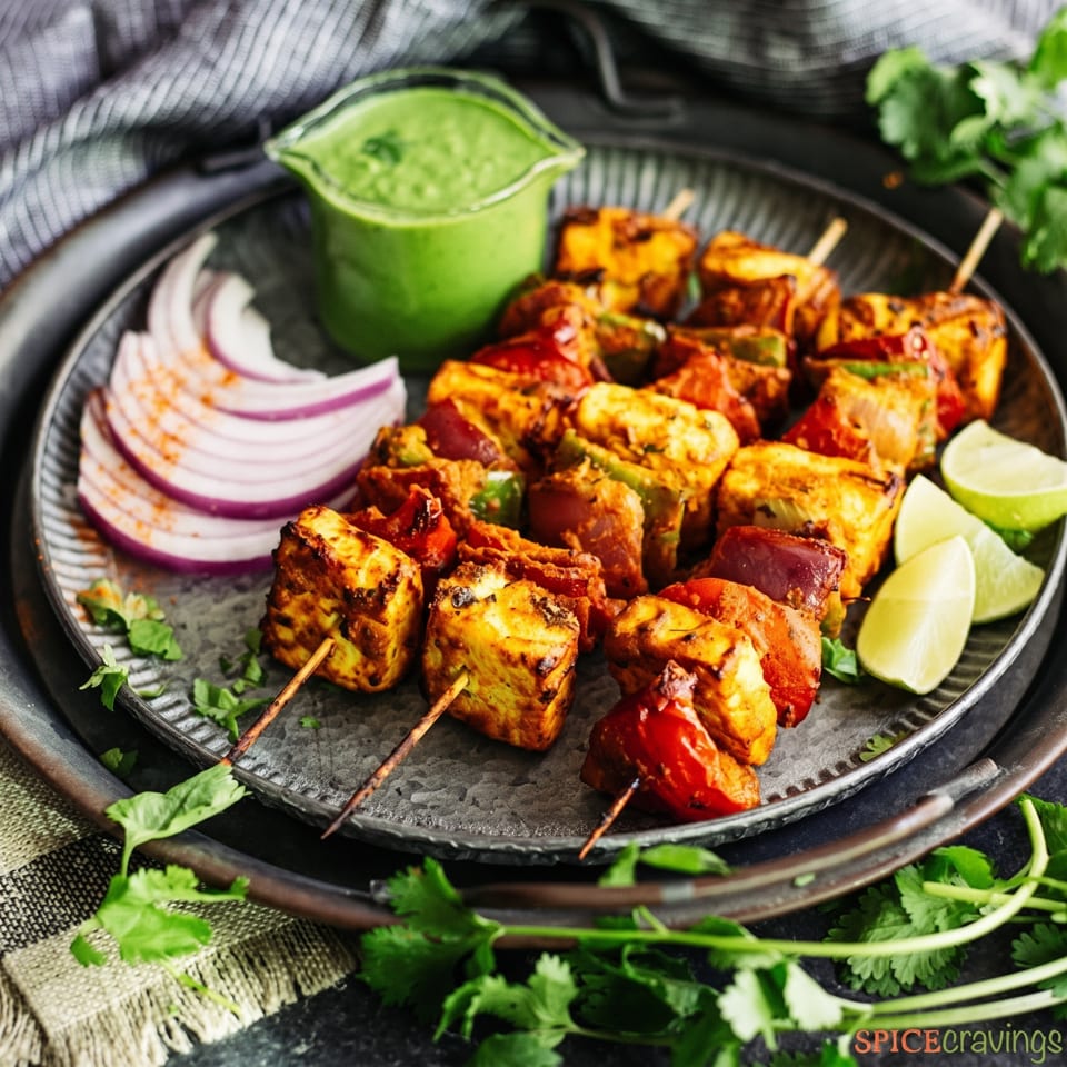 Paneer tikka skewers with red onions, lime wedges, and green chutney on a dark plate.