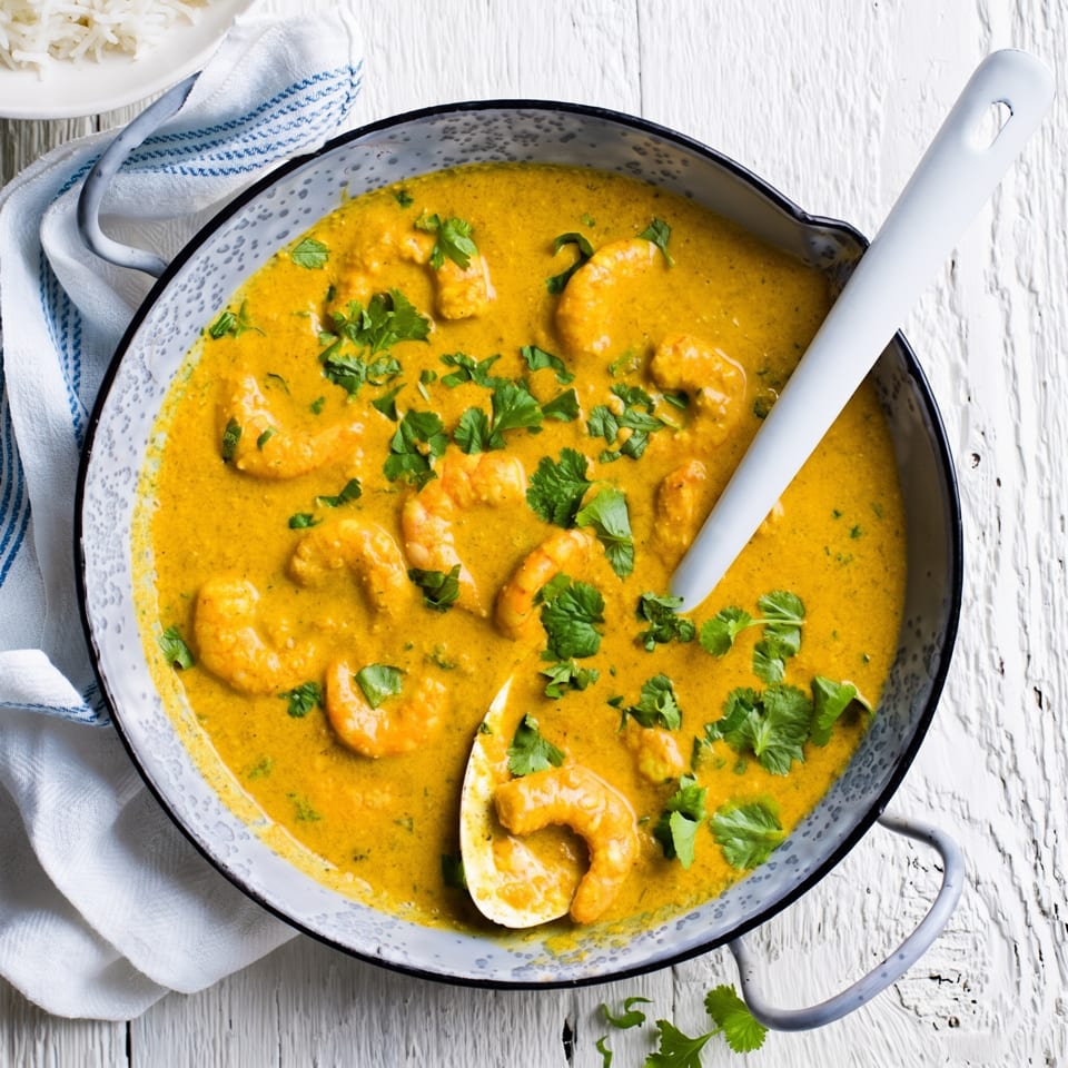 Shrimp curry in a gray pot with a white spoon, garnished with cilantro, next to white rice.