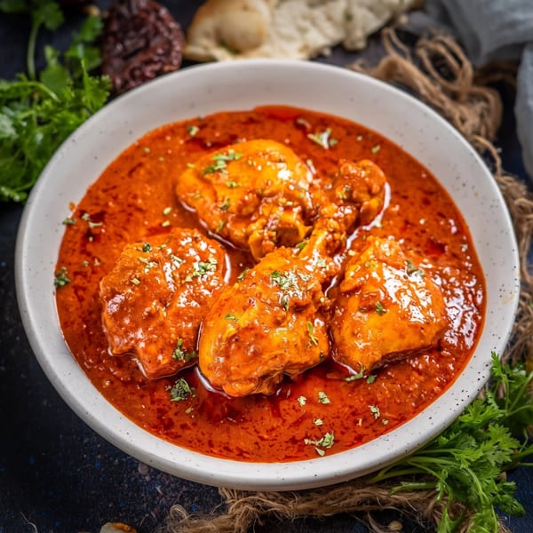Chicken curry in a white bowl, garnished with fresh herbs, with naan and spices in the background.