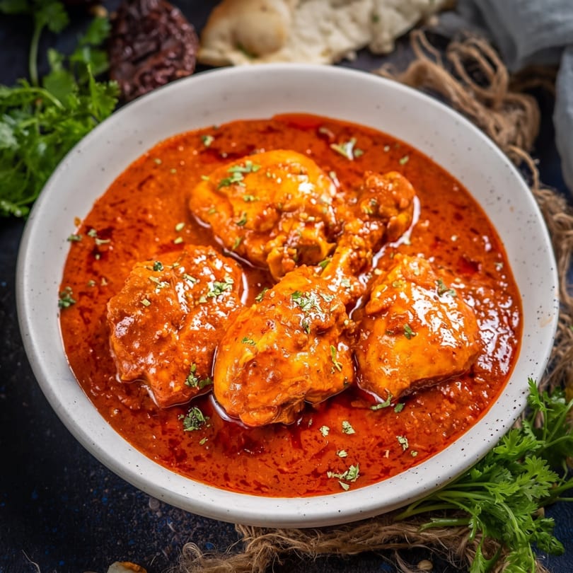 Chicken curry in a white bowl, garnished with fresh herbs, with naan and spices in the background.