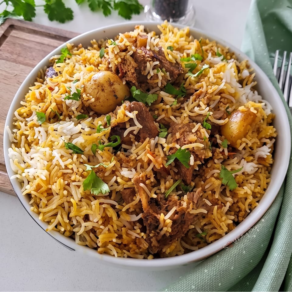 A close-up of a bowl of biryani with meat, potatoes, rice, and cilantro.