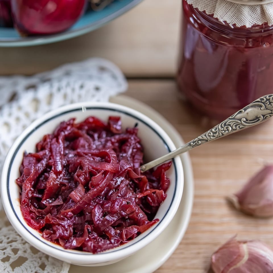 A bowl of red onion jam with a spoon, a jar, and fresh onions on a wooden table.