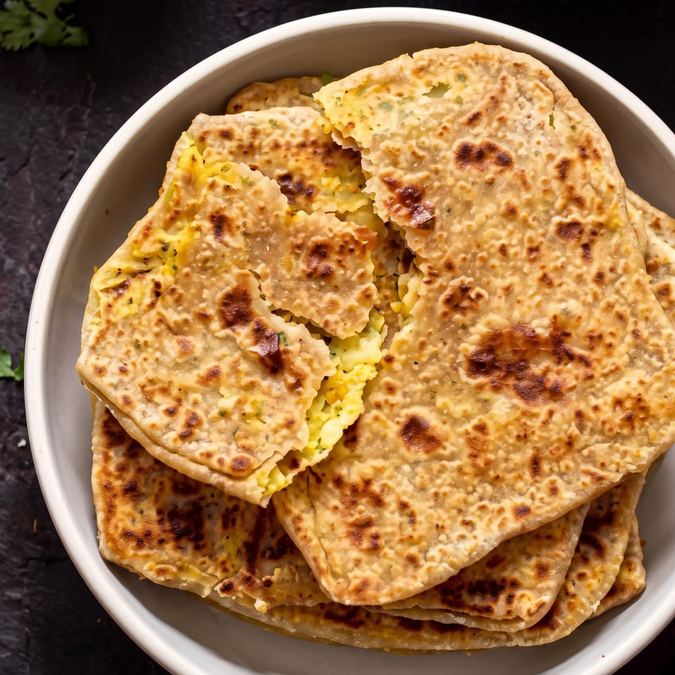 A white bowl filled with golden-brown, square-shaped flatbreads, one broken open to reveal a yellow filling.