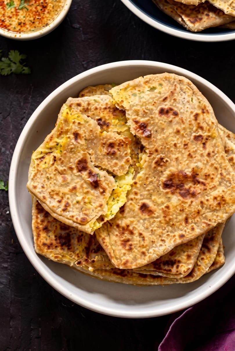 A white bowl filled with golden-brown, square-shaped flatbreads, one broken open to reveal a yellow filling.