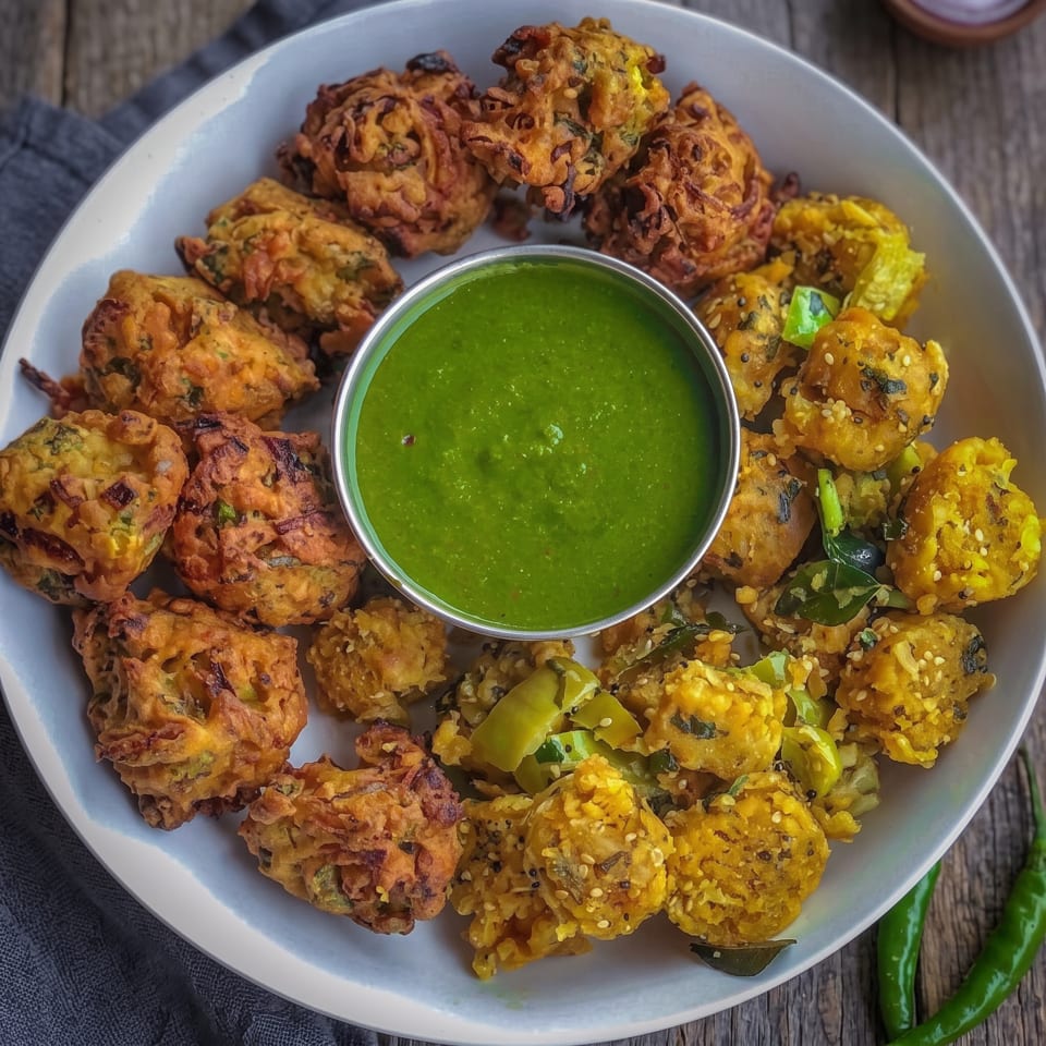A white plate with crispy golden pakoras, yellow dhokla, and a small bowl of vibrant green chutney.