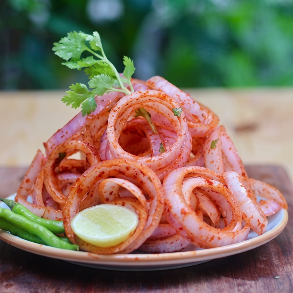 Spicy red onion rings with cilantro, green chilies, and a lime wedge on a plate.