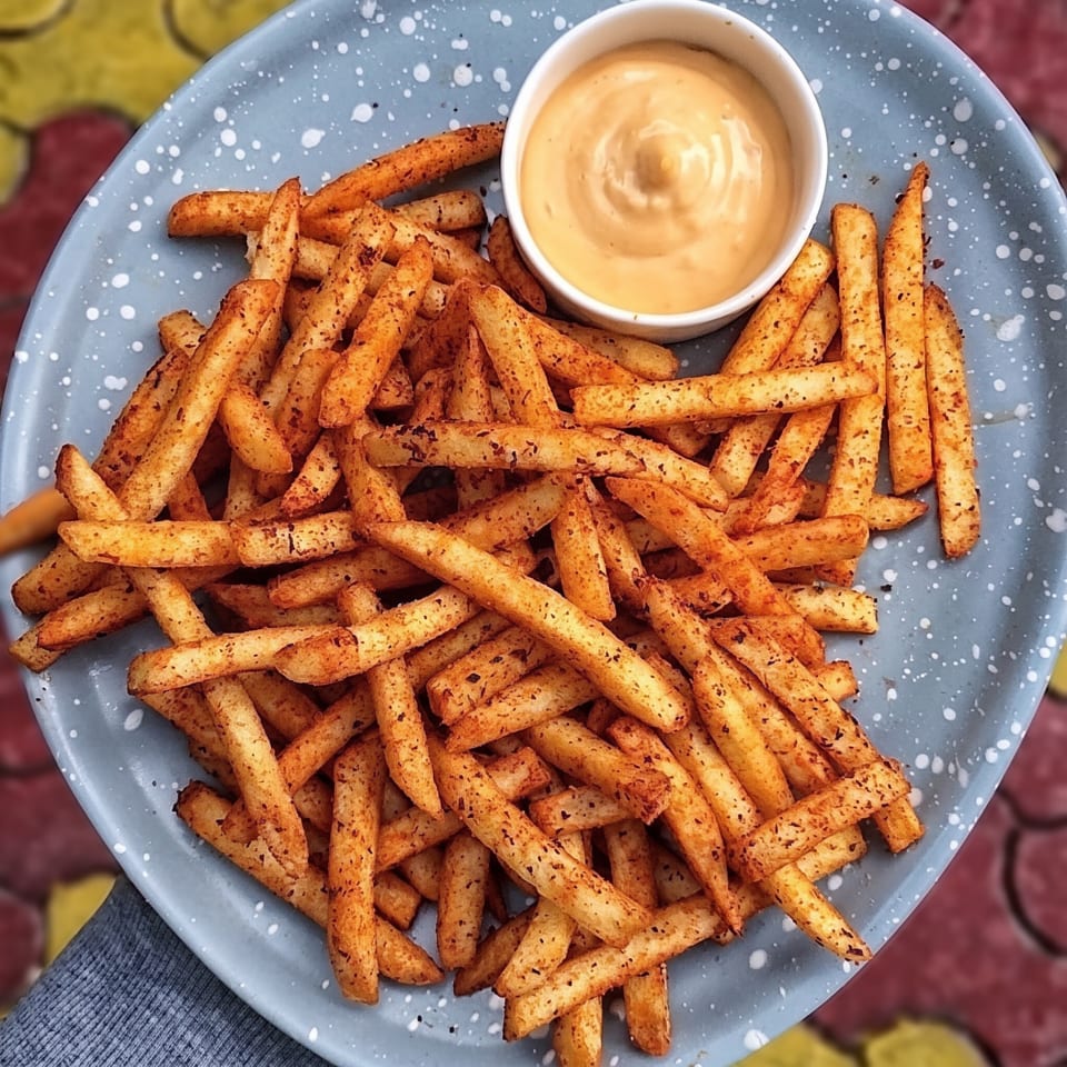 A plate of seasoned french fries with a side of creamy orange dipping sauce.