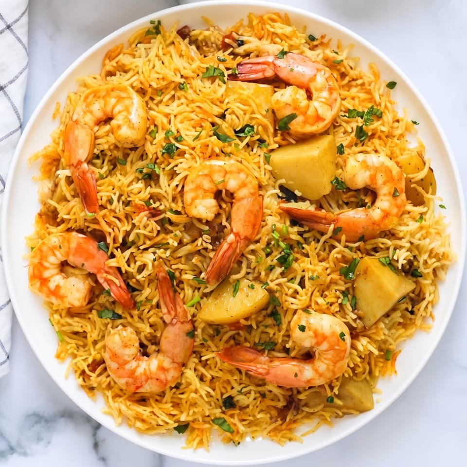 A white plate filled with shrimp biryani, featuring large shrimp, rice, potatoes, and fresh herbs.