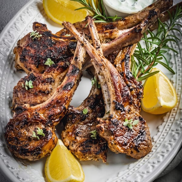 Grilled lamb chops with lemon wedges, rosemary, and a side of tzatziki sauce on a white plate.