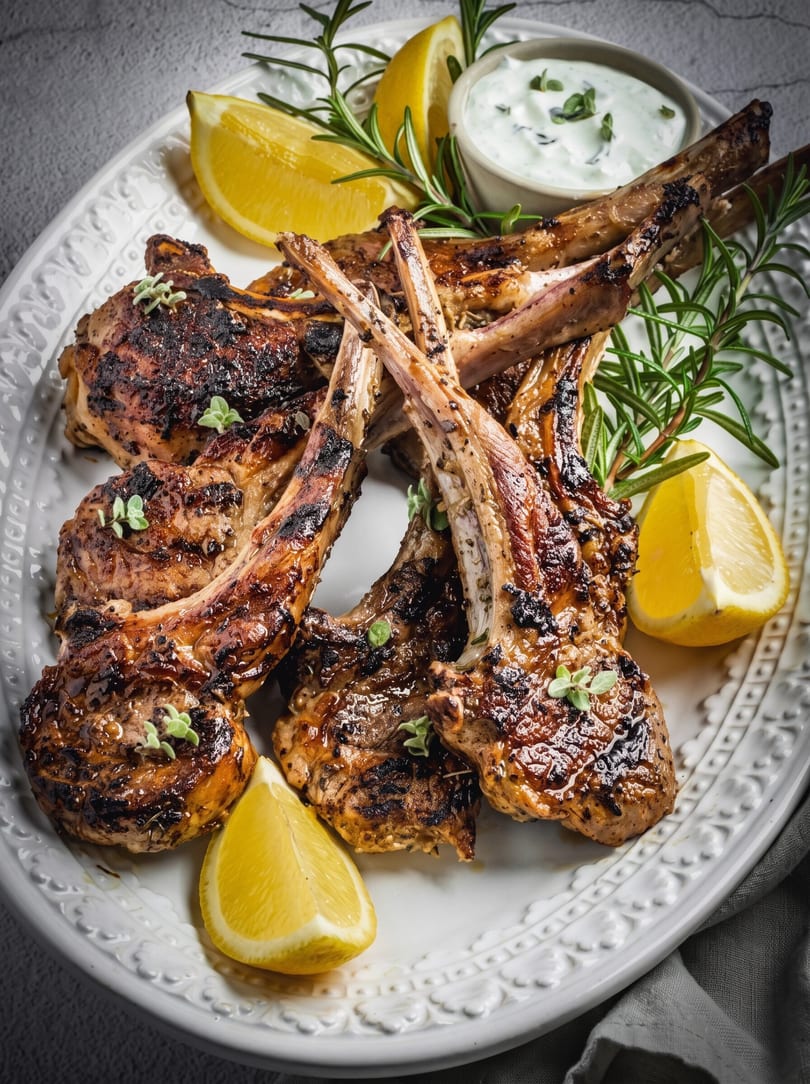 Grilled lamb chops with lemon wedges, rosemary, and a side of tzatziki sauce on a white plate.