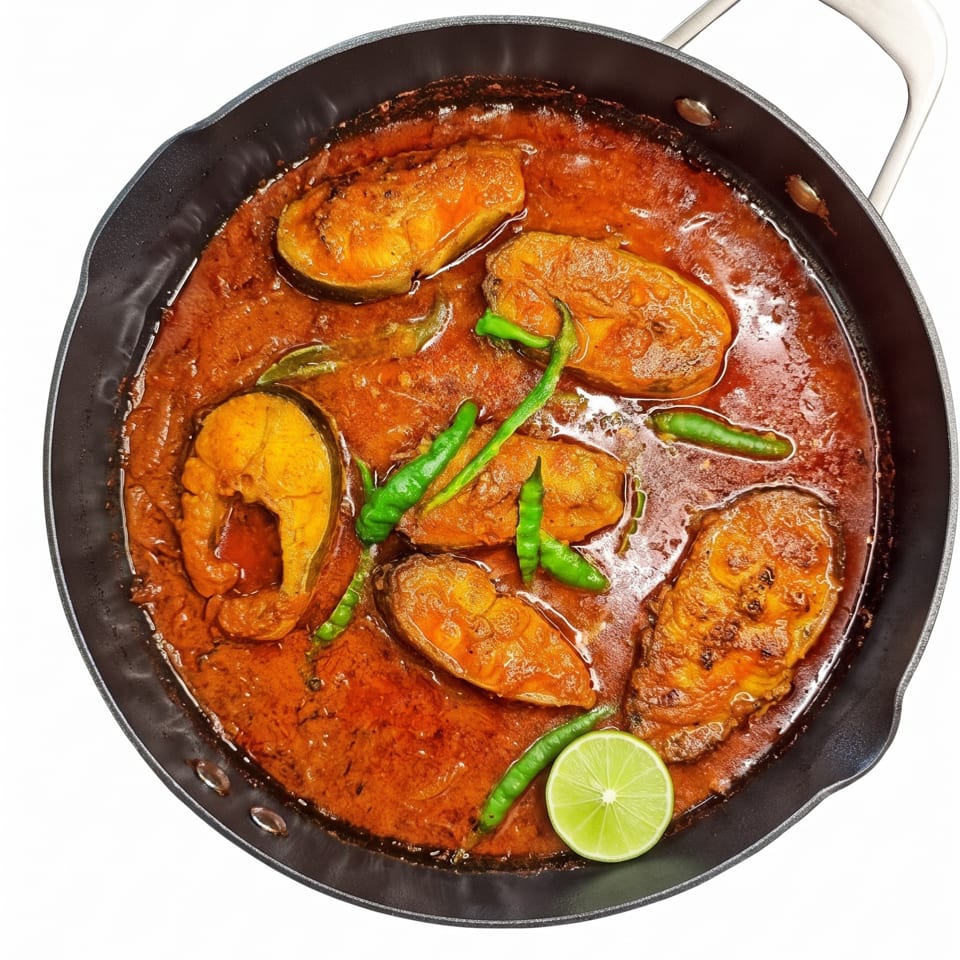 A black pan filled with fish curry, garnished with green chilies and a lime wedge.
