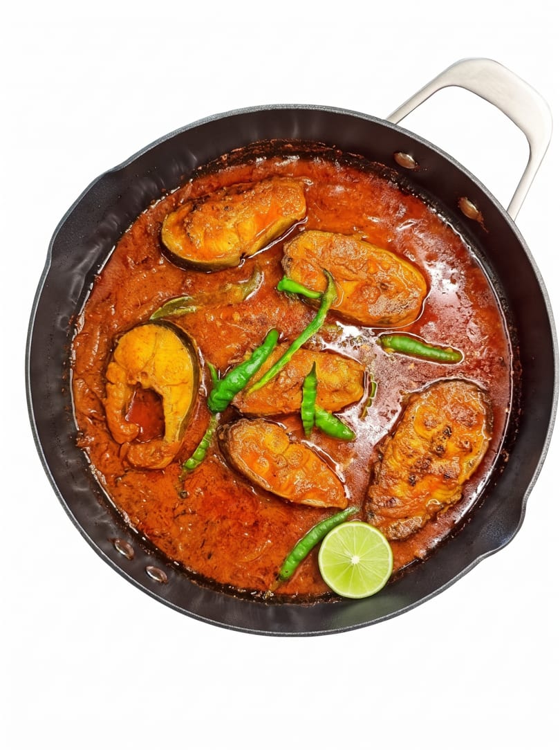 A black pan filled with fish curry, garnished with green chilies and a lime wedge.