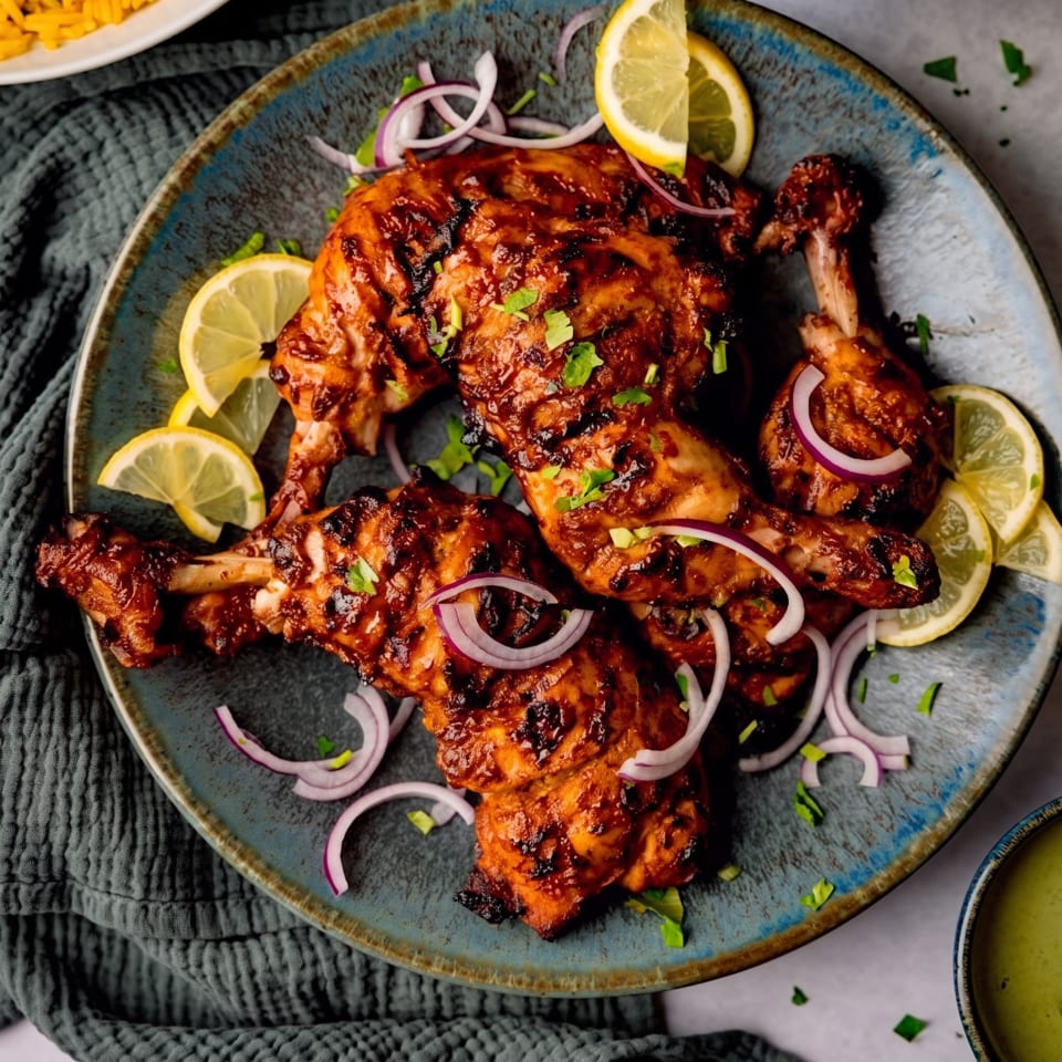 Grilled chicken pieces, garnished with red onion rings, lemon slices, and fresh herbs on a blue plate.