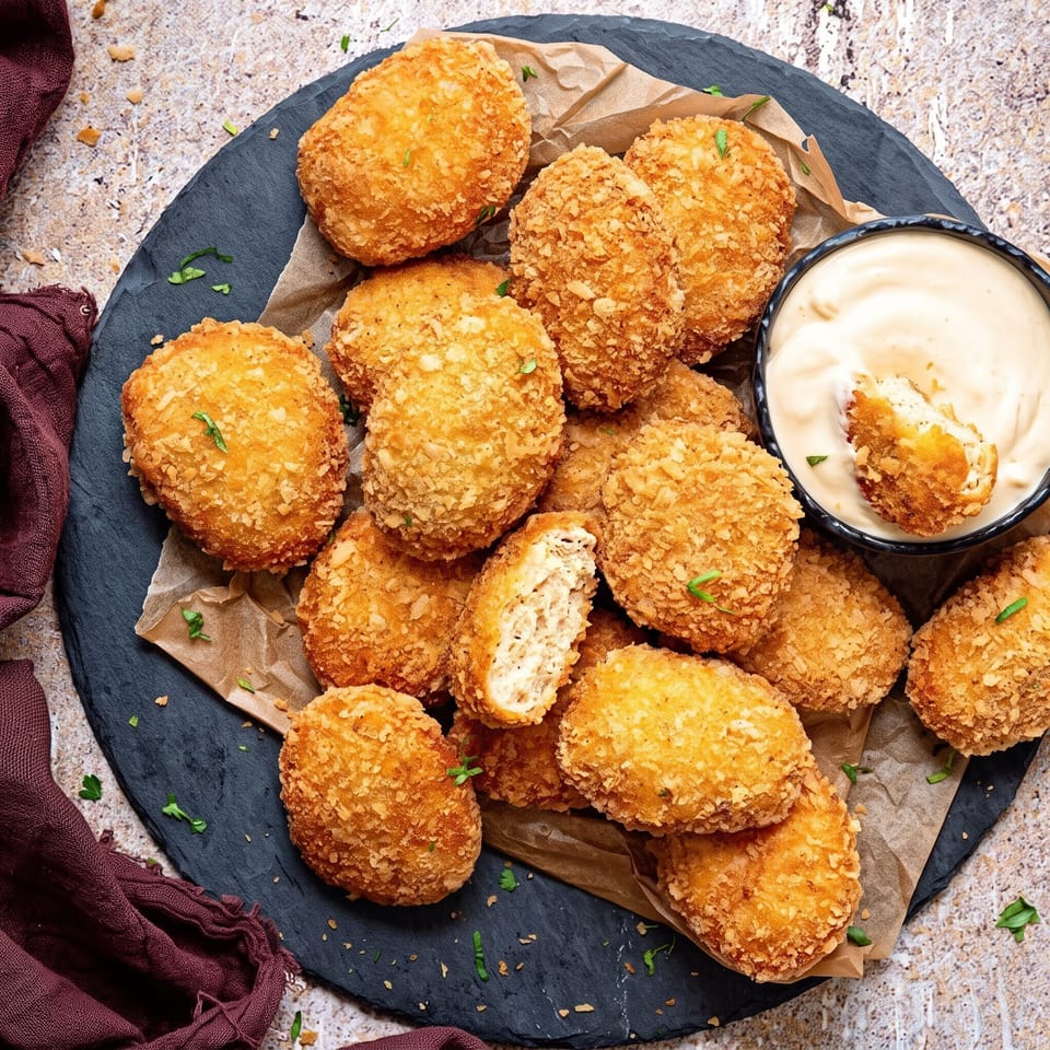 Golden-brown crispy chicken nuggets on a black slate platter with a side of creamy dipping sauce.