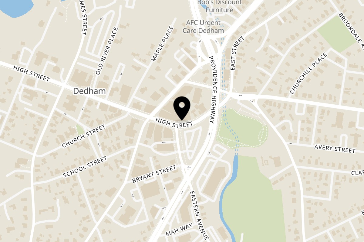 Map showing the location of Keshar Indian Bistro on 557 High St in Dedham